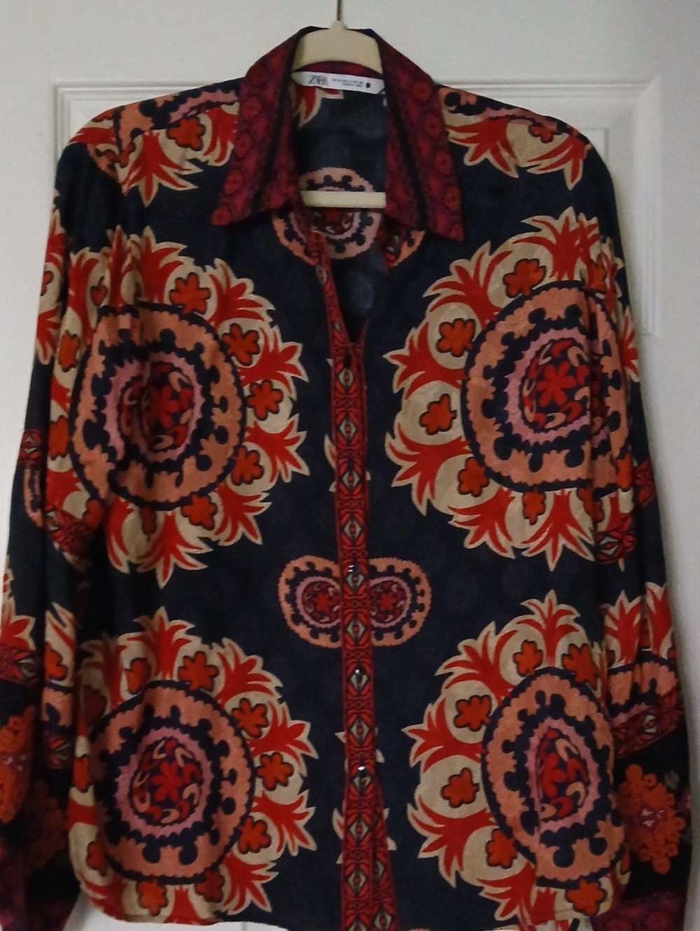 Zara Black Button-Down Blouse with Red and Cream Medallion Print